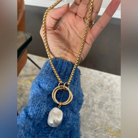 Statement Gold Necklace with Pearl Pendant 16 inches - Picture 5 of 12